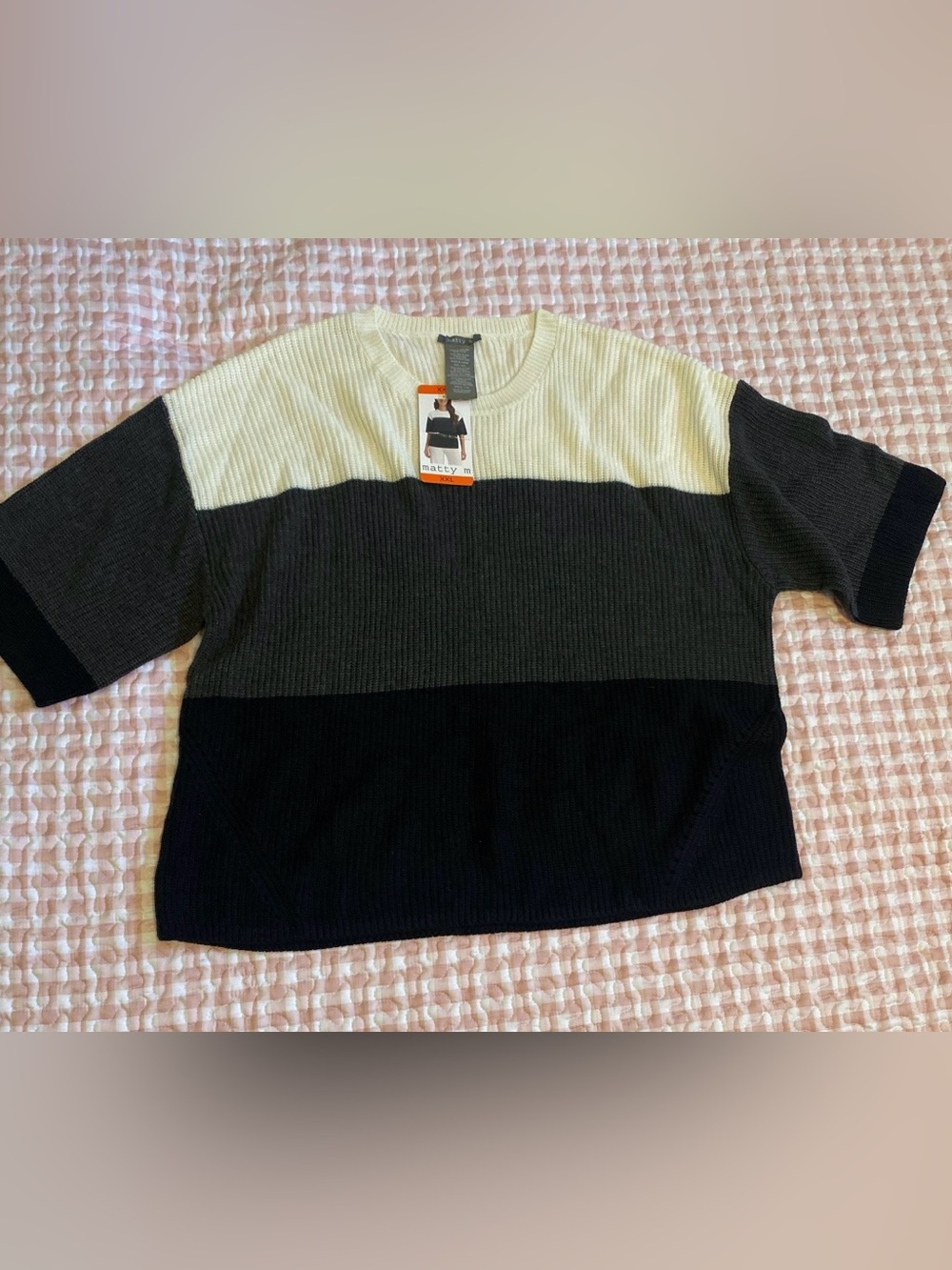Matty M Colorblock Short-Sleeve Sweater Top in Cream, Gray & Black
